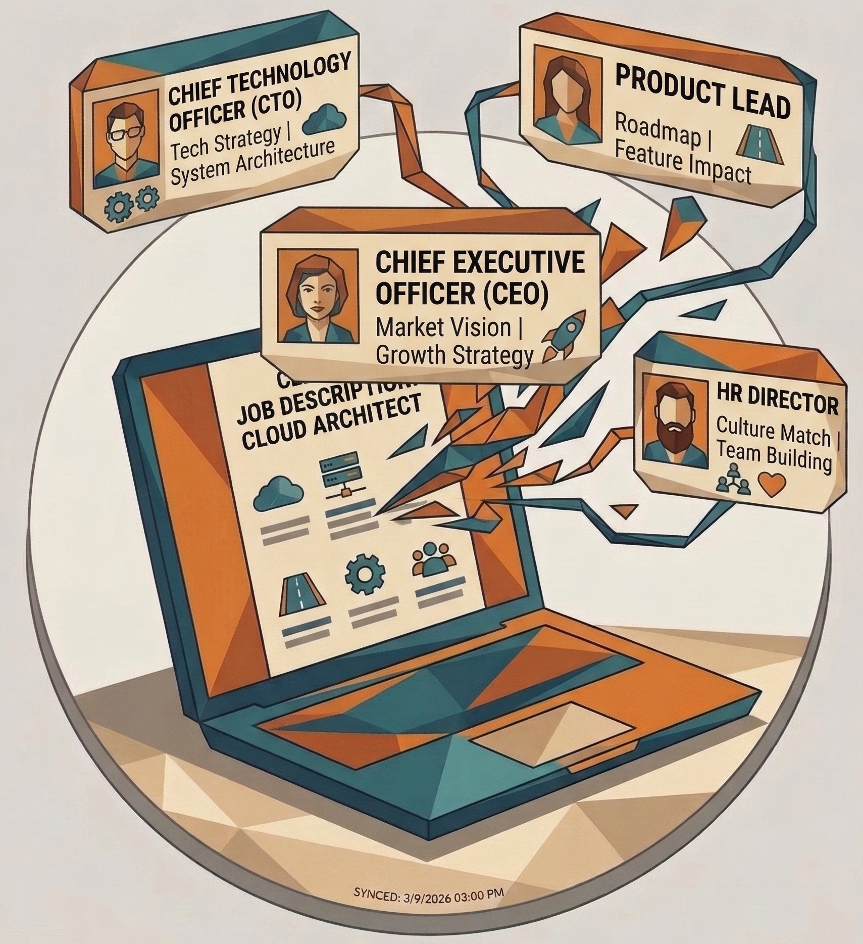 A laptop revealing discovered contacts: CTO, Product Lead, CEO, and HR Director with their roles