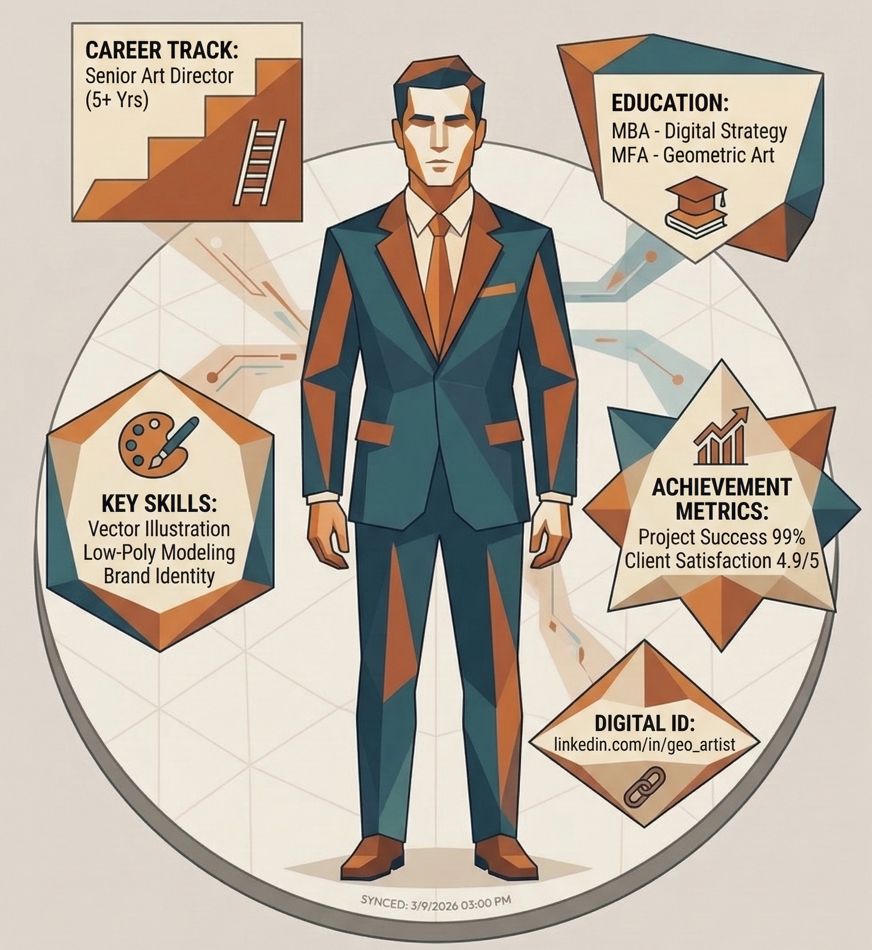 A professional figure surrounded by research brief cards showing career track, education, skills, and achievements